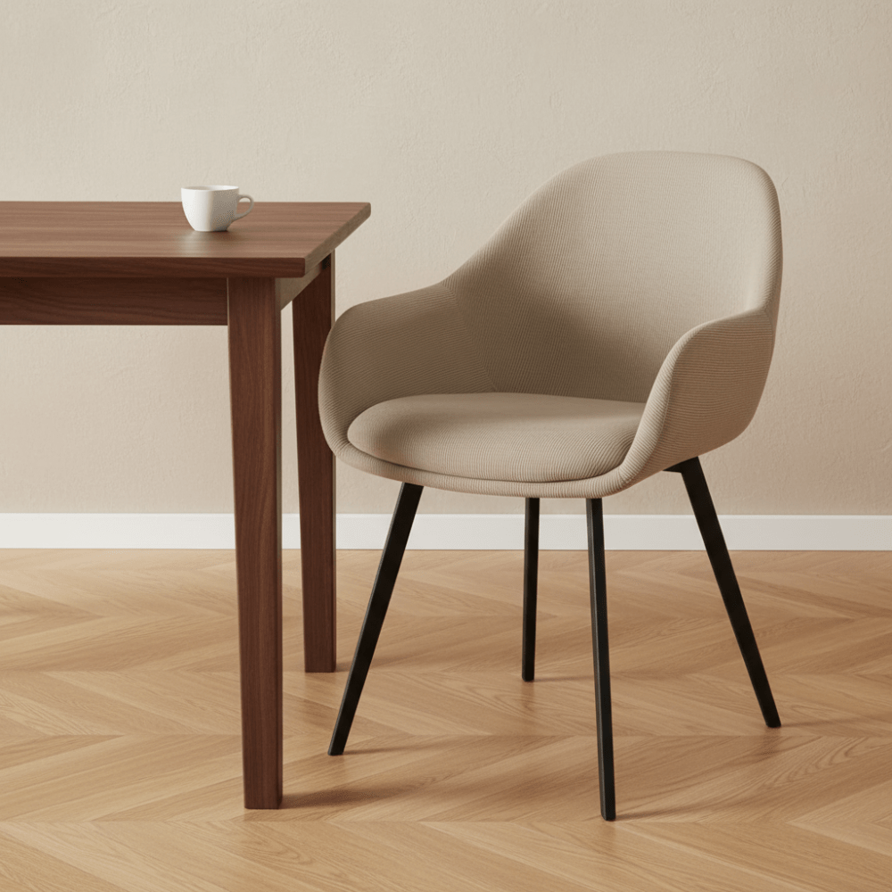 Eetkamerstoelen - Moderne Eetkamerstoel Remy Ribstof Taupe - Met Armleuningen - Dimehouse