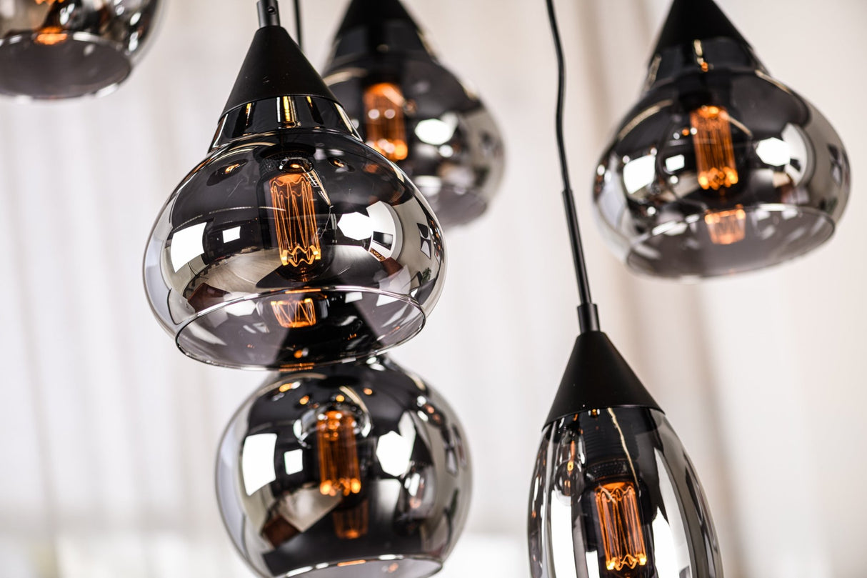 9-lys Hængelampe Glas Smokey Trappet Kesi