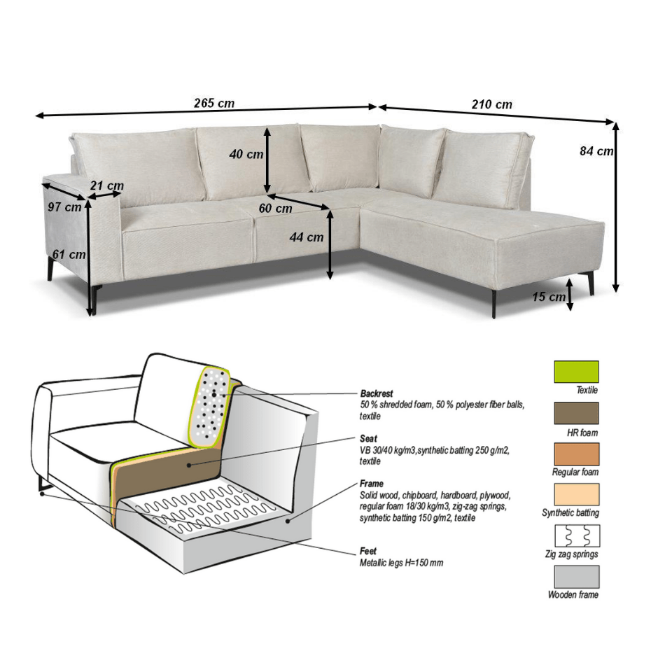 Hjørnesofa med chaise longue beige chenille Yara - højre