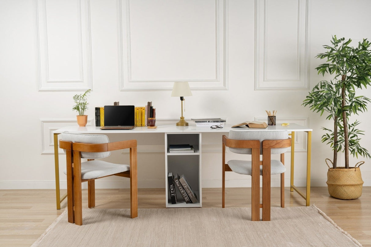 Bureaus - Studie bureau Melamine 240x60 cm Twin Study Desk wit en goud White Gold - Dimehouse