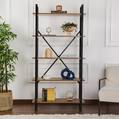 Industriel Bogreol Ely Valnød Melamin - Sort Ramme - 180x90 cm