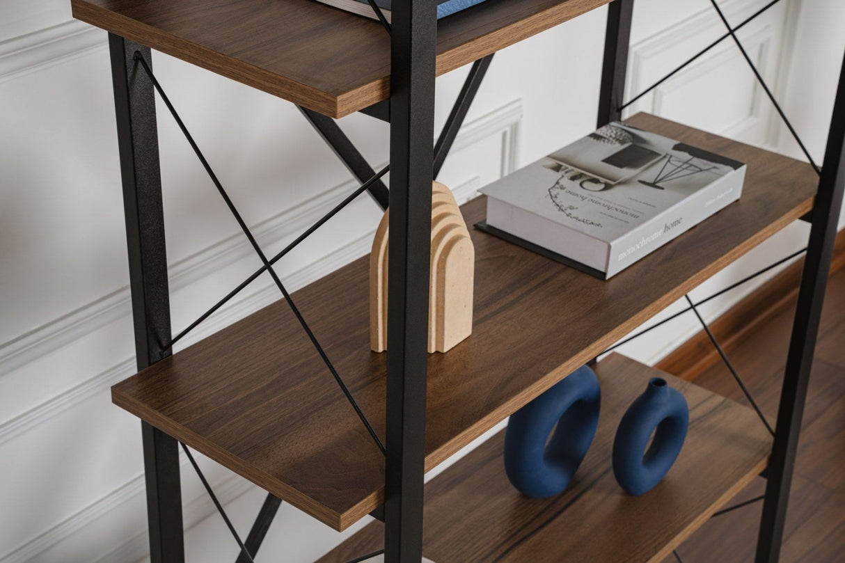 Industriel Bogreol Ely Valnød Melamin - Sort Ramme - 180x90 cm