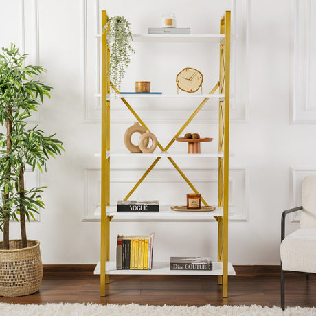 Industriel Reol Ely Hvid Træ Melamin - Guld Ramme - 180x90 cm