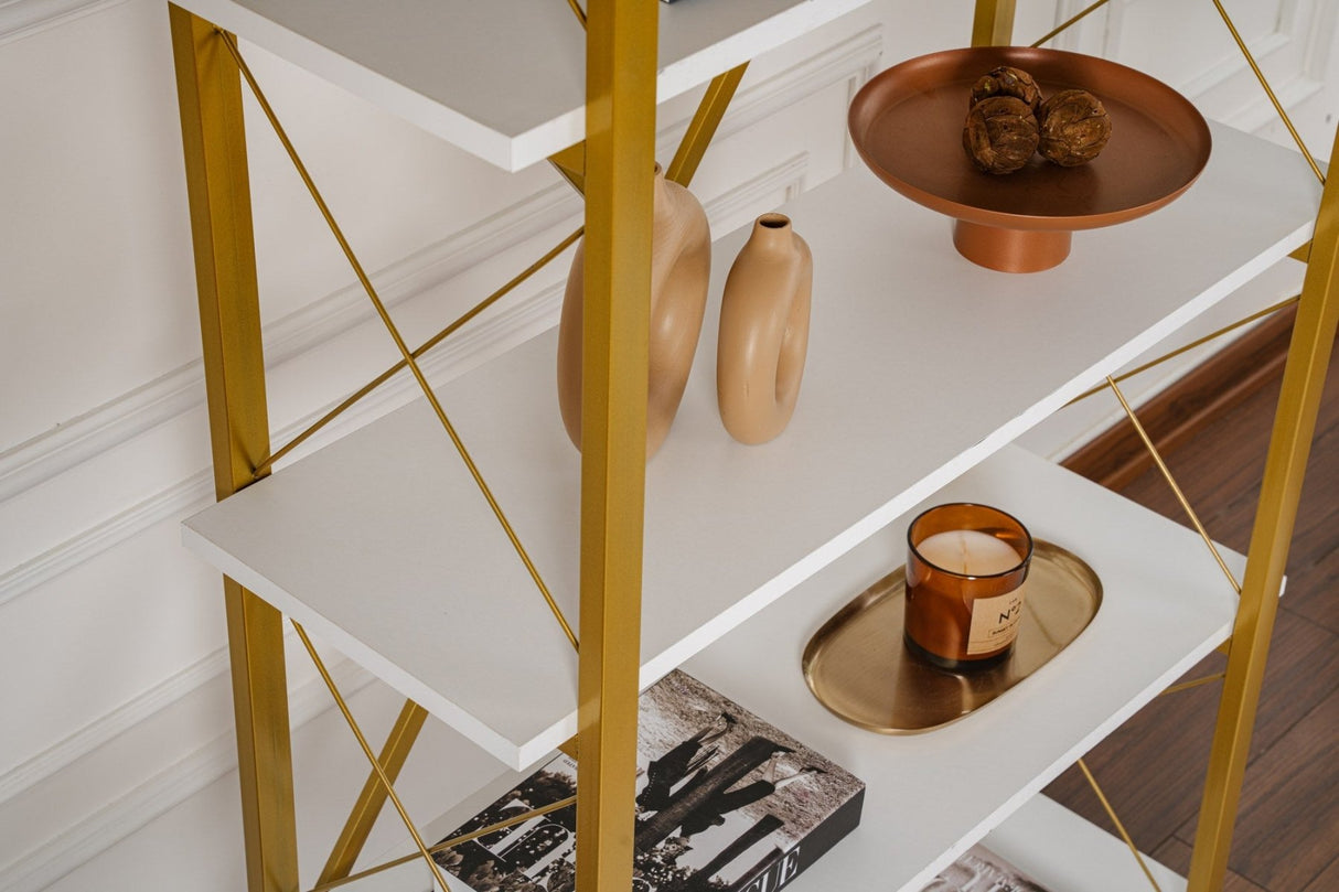 Industriel Reol Ely Hvid Træ Melamin - Guld Ramme - 180x90 cm