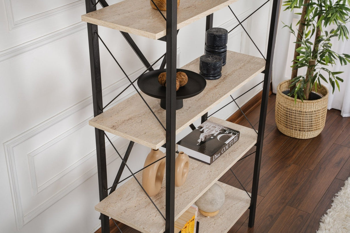 Industriel Bogreol Ely Travertin Melamin - Sort Ramme - 180x90 cm