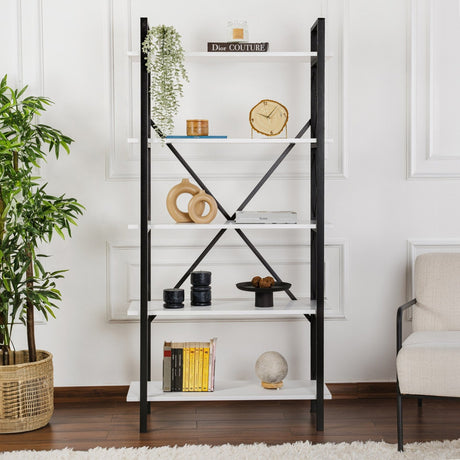 Industriel Bogreol Ely Hvid Træ Melamin - Sort Ramme - 180x90 cm