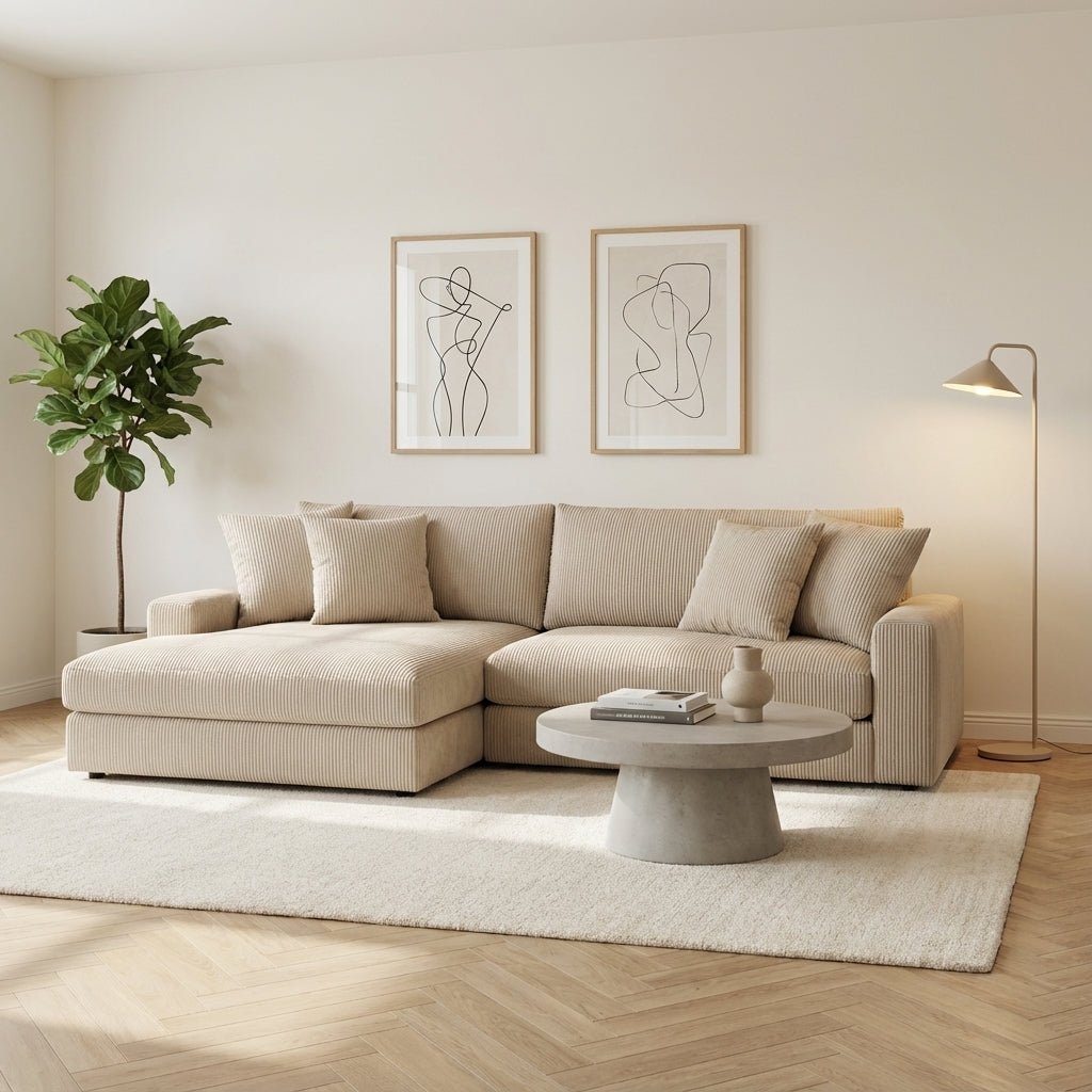 3-personers loungesofa Kaia ribbet stof i beige stemningsfoto i moderne interiør
