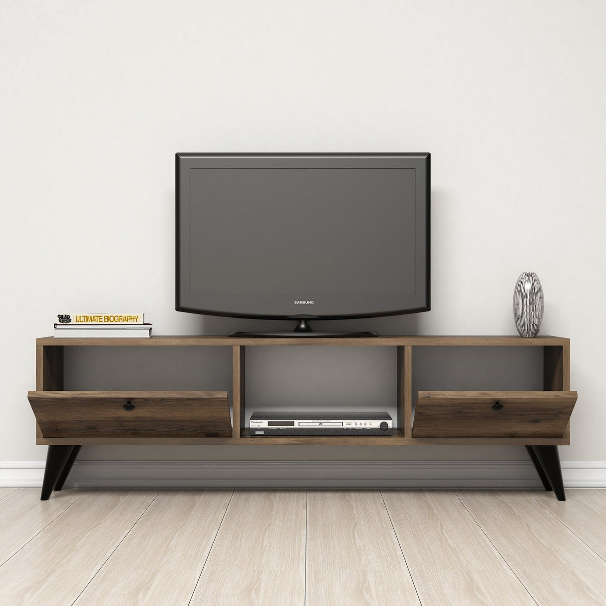 TV Meubels - TV Meubel Serenat Walnoot Zwart Melamine 138x42,6x29,5 cm - Dimehouse