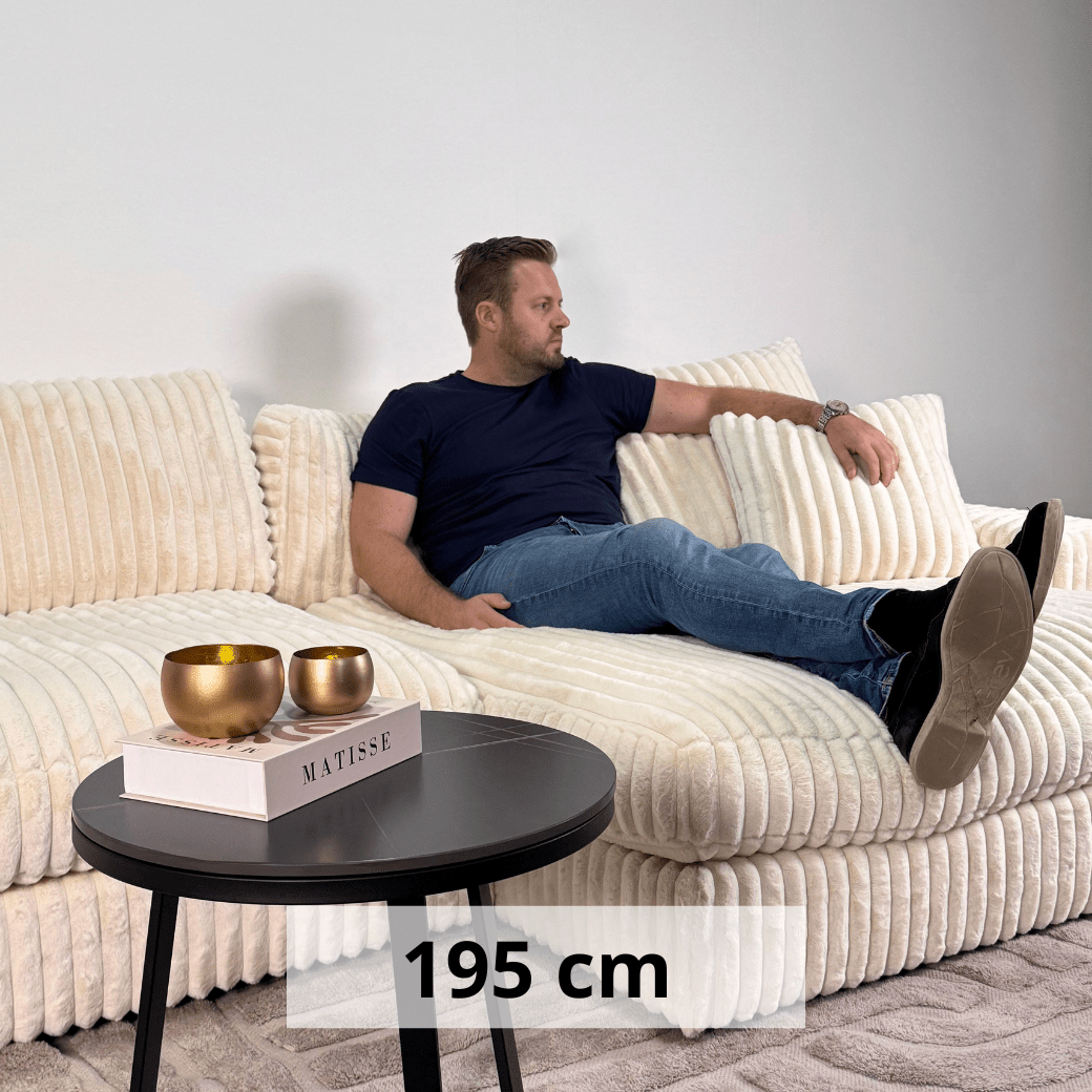 Banken - 3 - zits hoekbank XXL Beige Ribstof plofbank Nia - Dimehouse