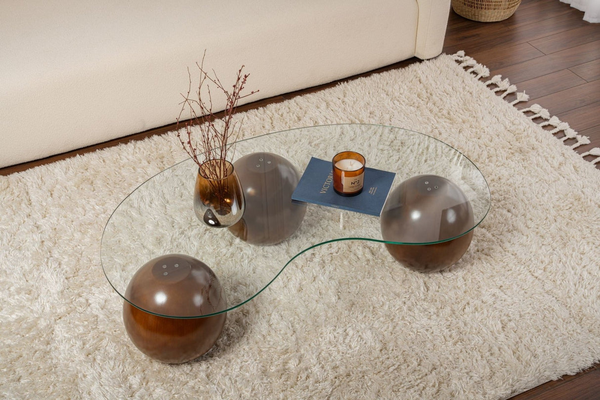 Økologisk sofabord gennemsigtigt glas valnød kugleben Kugle 120x70 cm