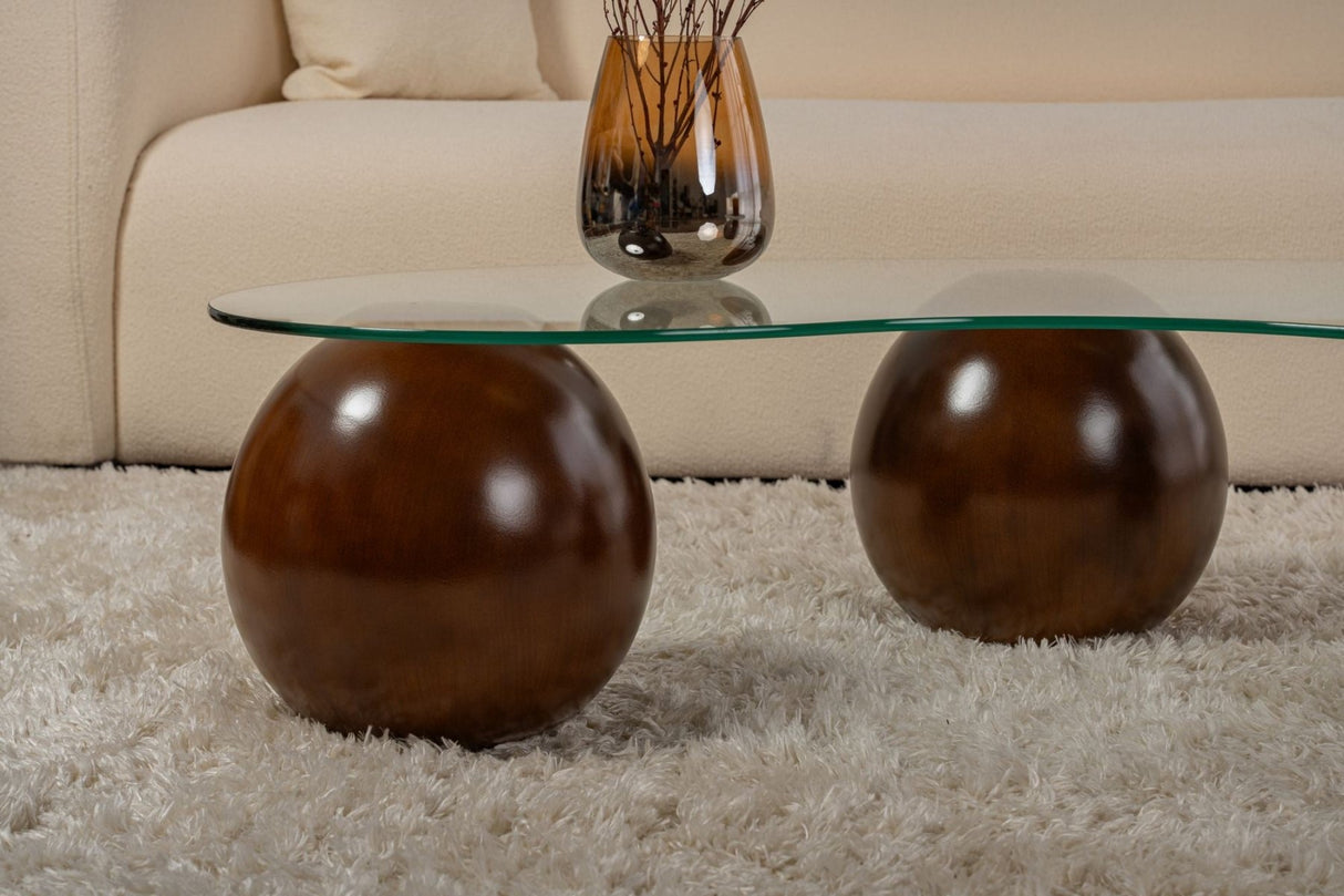 Økologisk sofabord gennemsigtigt glas valnød kugleben Kugle 120x70 cm