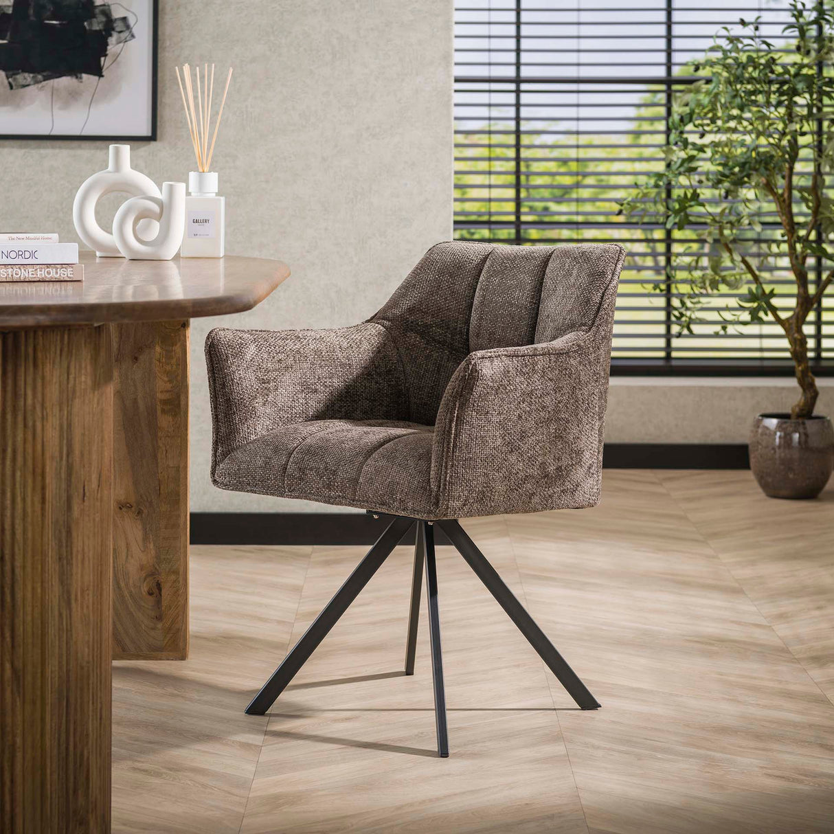 Sæt med 2 spisestuestole Lino Chenille stof Rich Taupe Drejelig