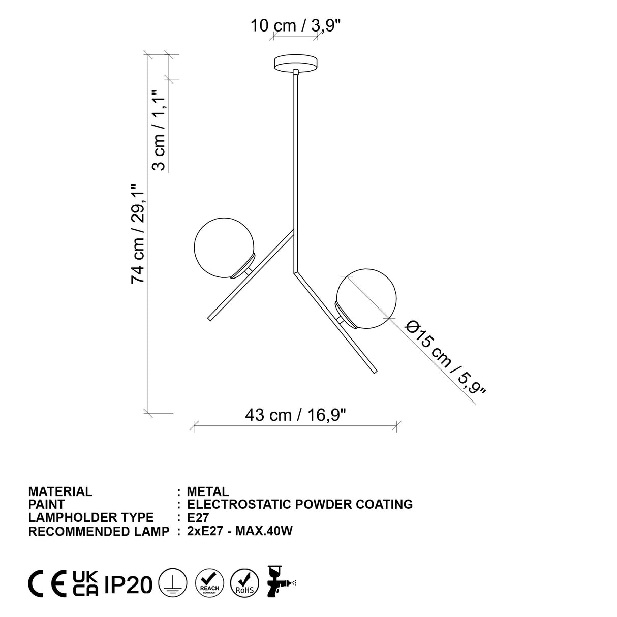 Hængelampe 2-lys Guld Glas Nimbus