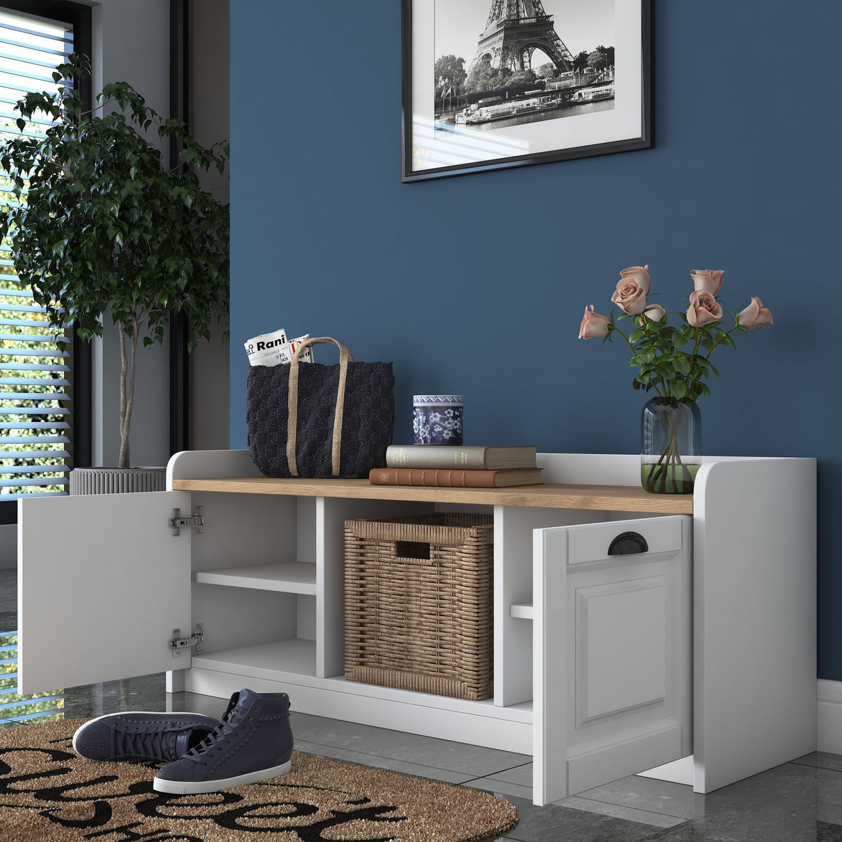 Schoenenkasten - Schoenenkast Samos Wit Walnoot Melamine - Dimehouse