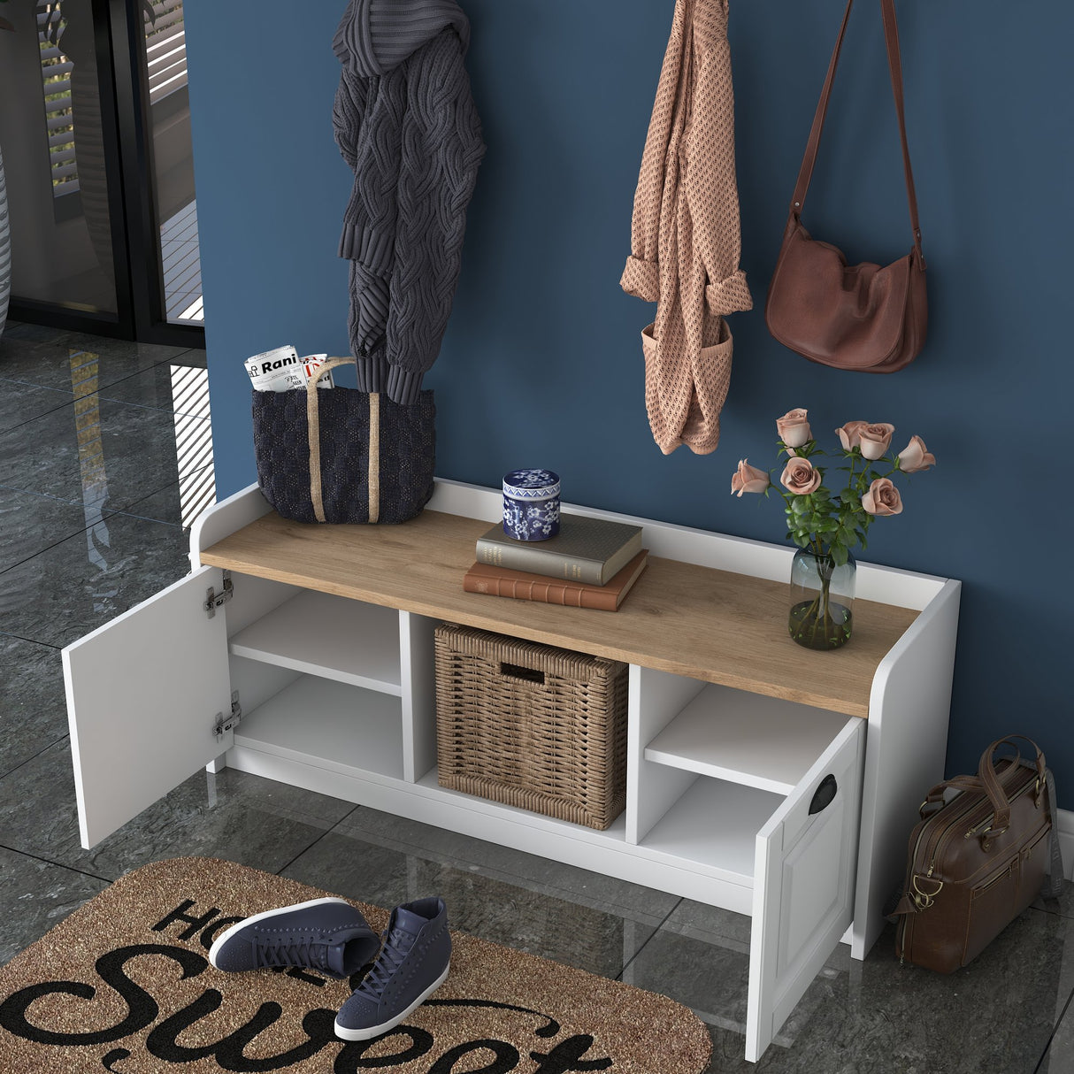 Møbel sæt Garderobe - Skoskab - Hvid-Valnød Melamin