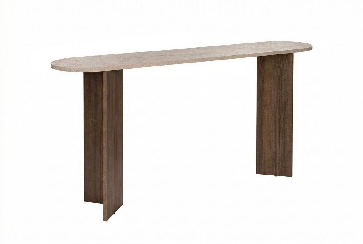 Hvidt foto moderne ovalt sidebord med top i travertinlook og melaminbund i valnød. Stilfuldt minimalistisk design.