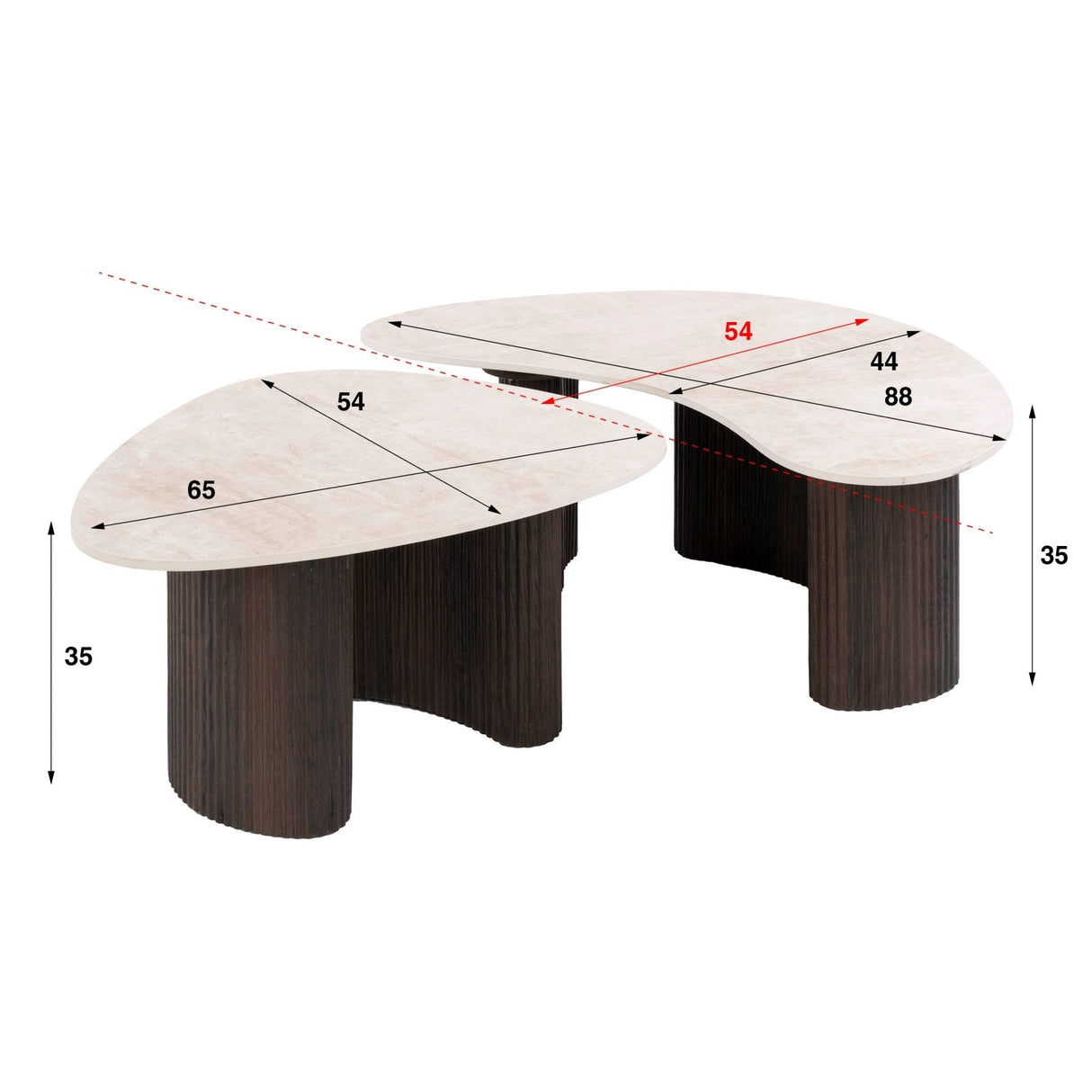 Organische salontafel set van 2 met luxe 3D Taj Mahal keramiek - witfoto met afmetingen