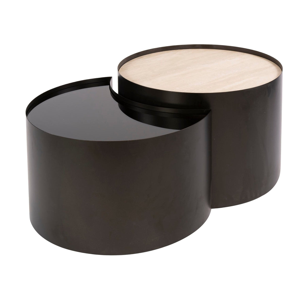Salontafels - Set van 2 salontafels Moony – metalen frame & keramiek travertin look en glas - Dimehouse