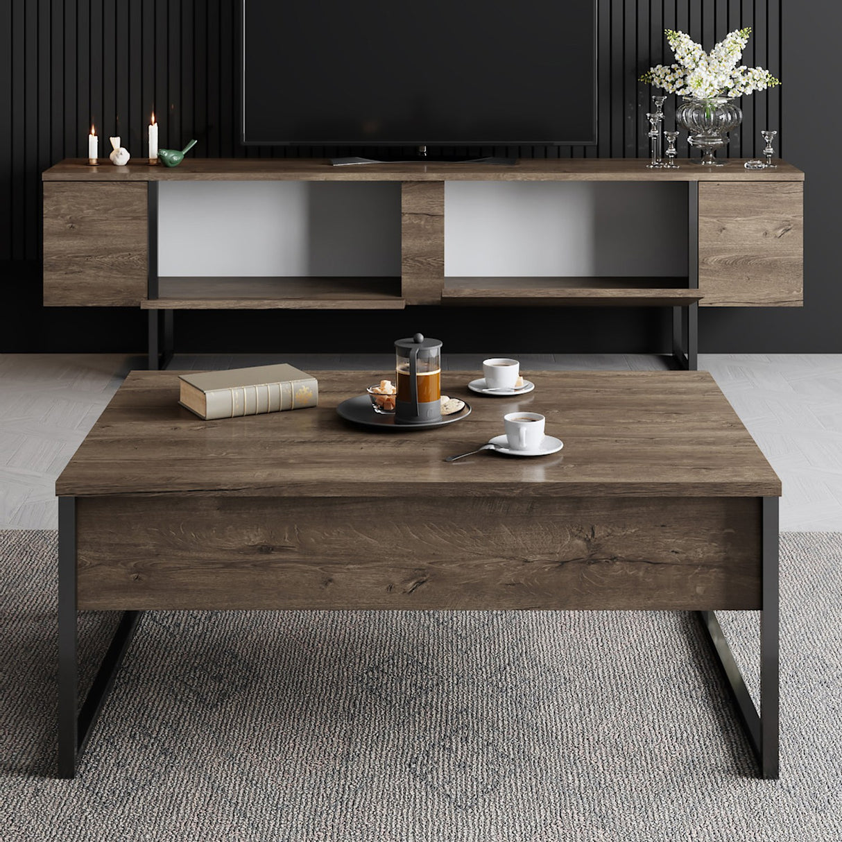 TV Møbel Luksus Valnød Sort Melamin 180x50x30 cm
