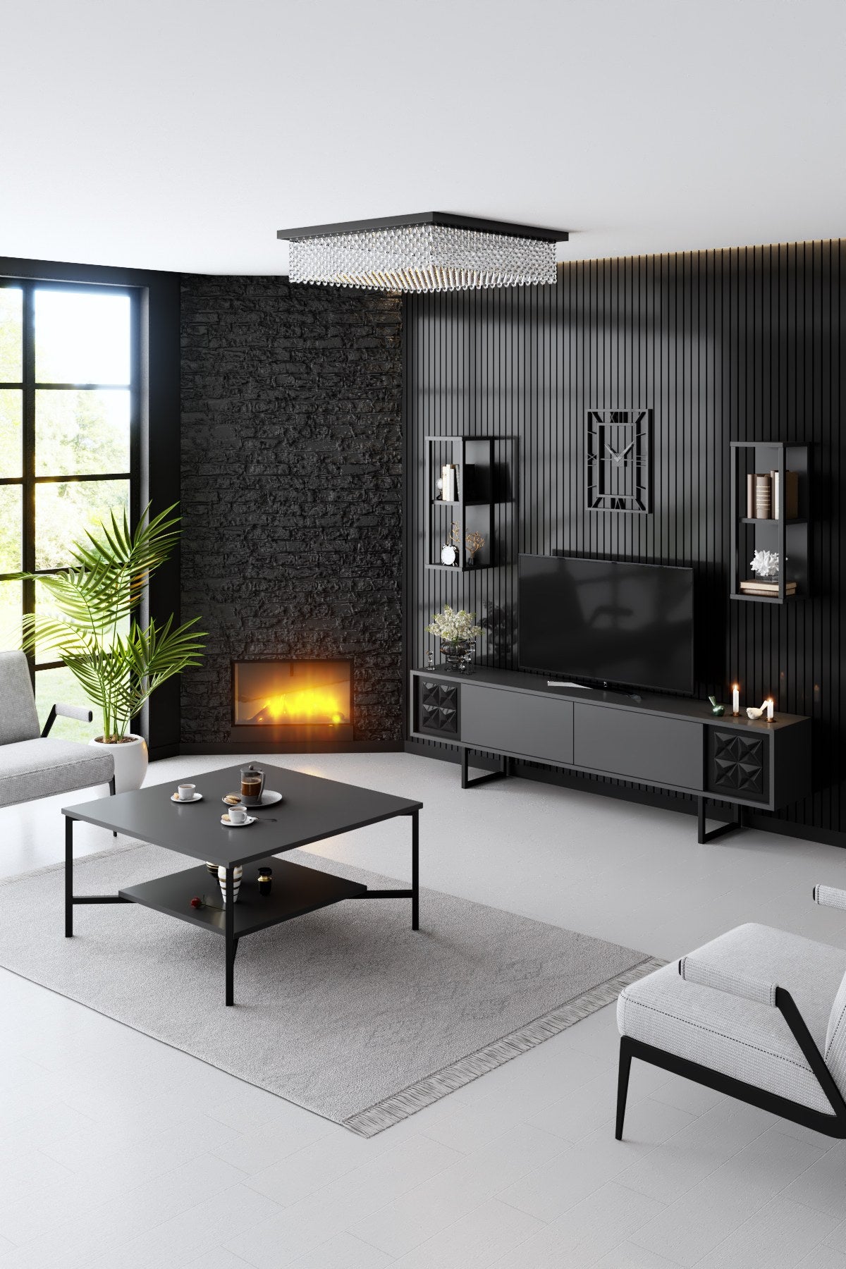 TV Meubels - TV Meubel Set Black Line Antraciet Zwart Melamine 180x48x30 cm - Dimehouse