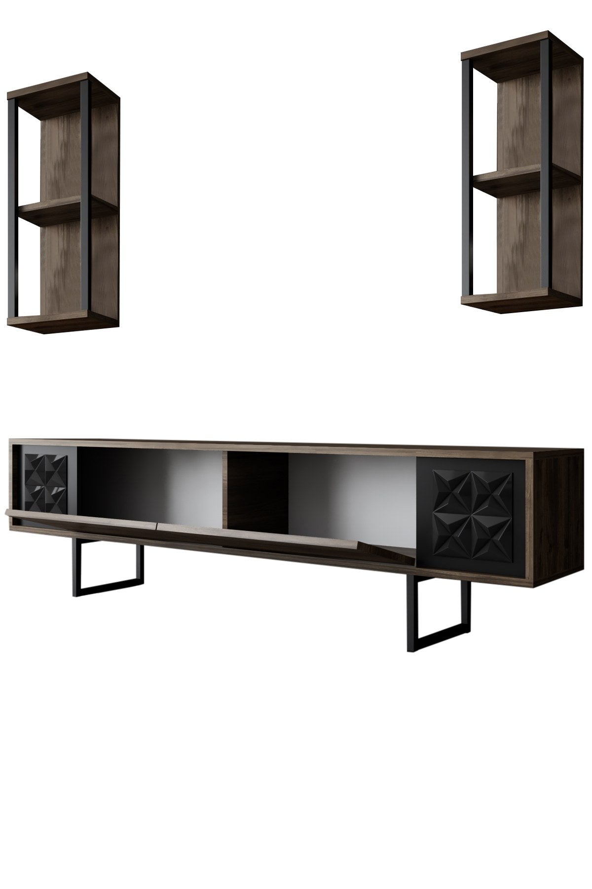 TV Meubels - TV Meubel Set Black Line Walnoot Zwart Melamine 180x48x30 cm - Dimehouse