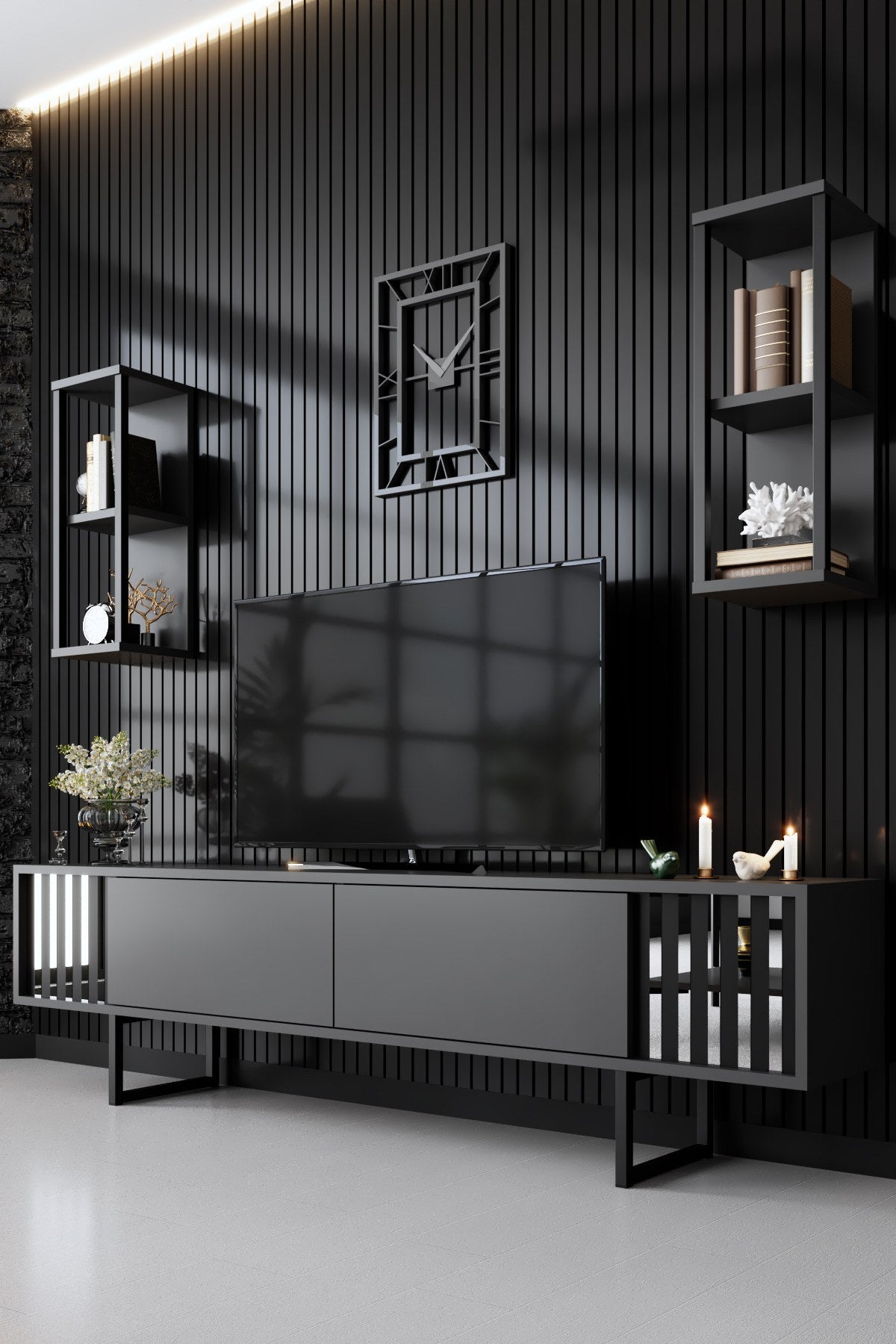 TV Møbelsæt Krom Line Antracit Sort Melamin 180x48x30 cm