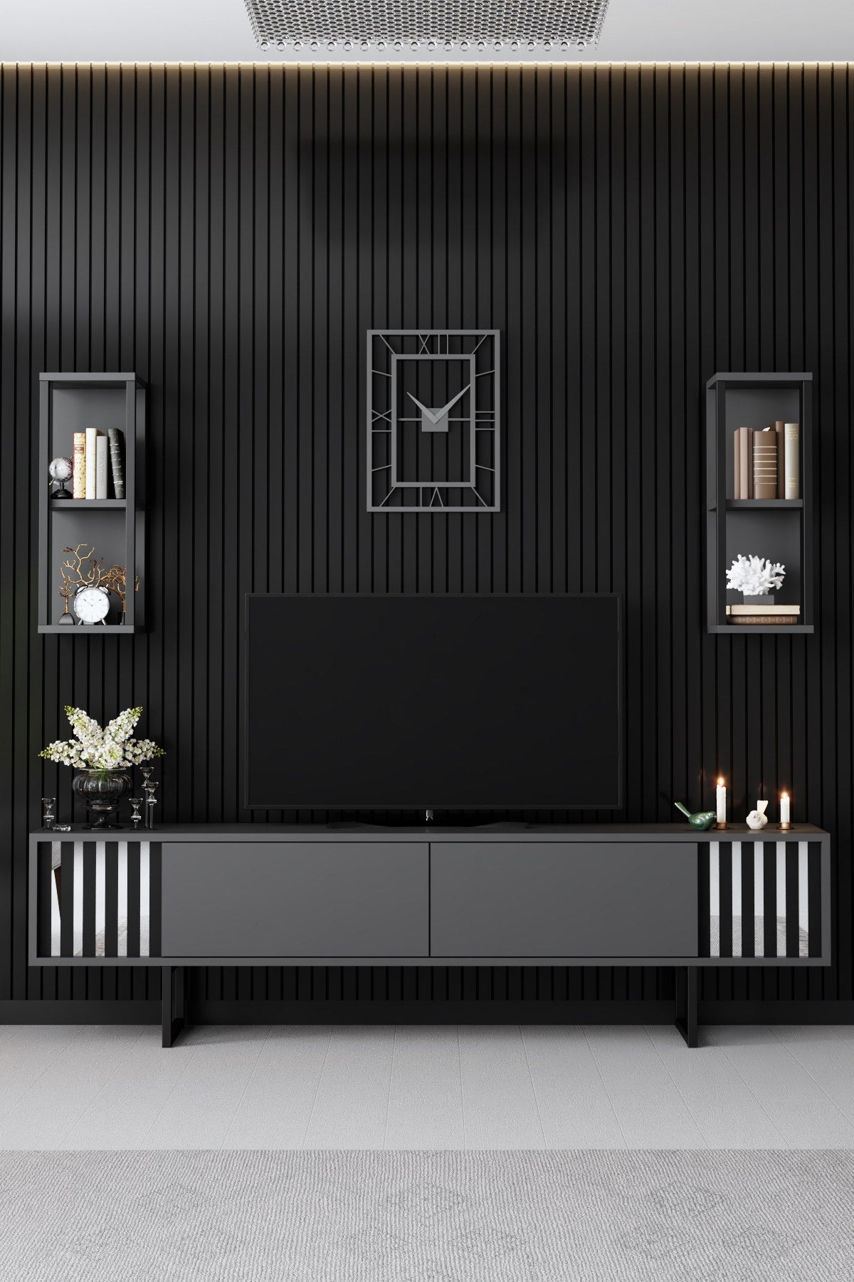 TV Møbelsæt Krom Line Antracit Sort Melamin 180x48x30 cm