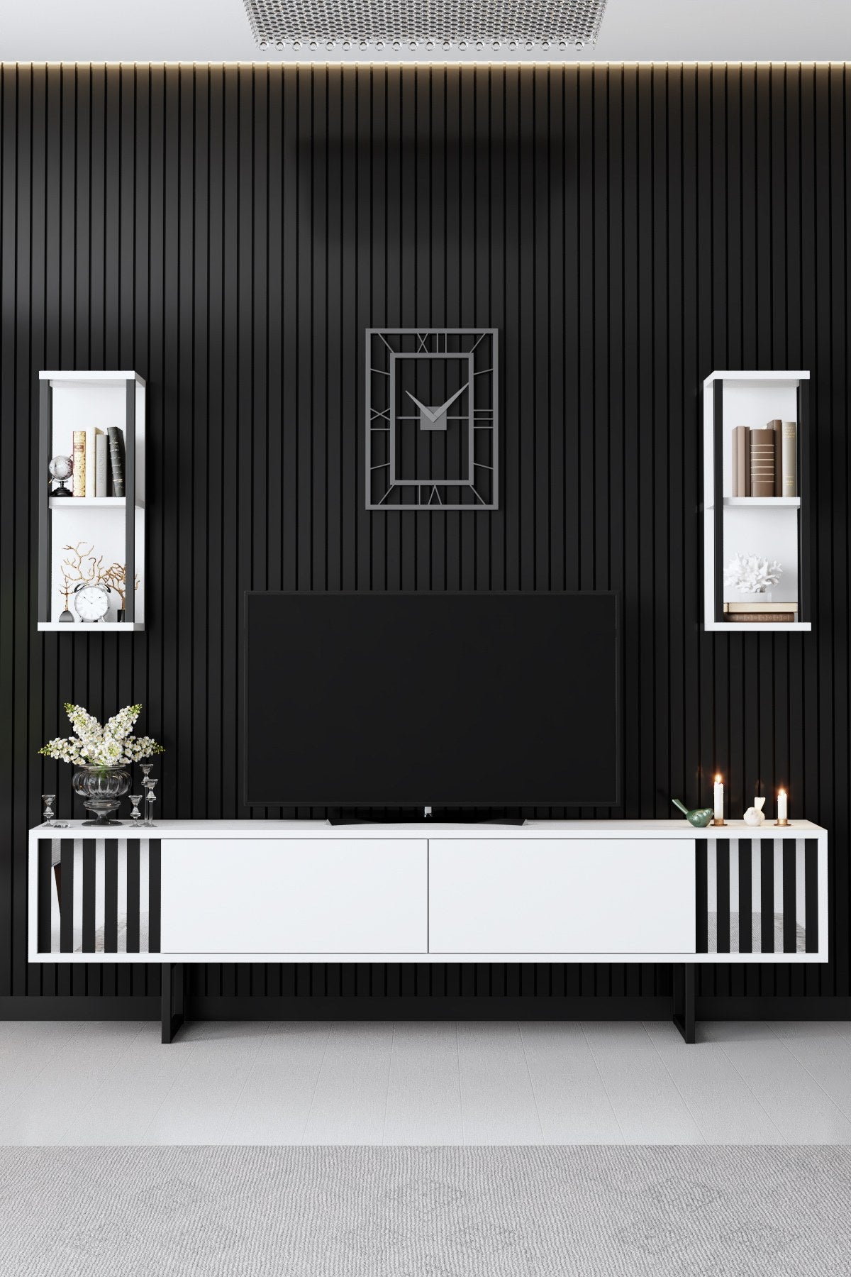 TV Møbelsæt Krom Line Hvid Sort Melamin 180x48x30 cm
