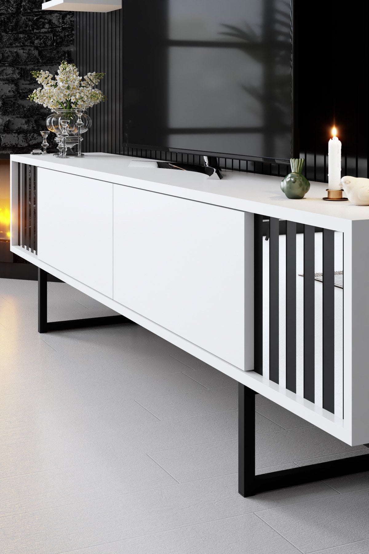 TV Møbelsæt Krom Line Hvid Sort Melamin 180x48x30 cm