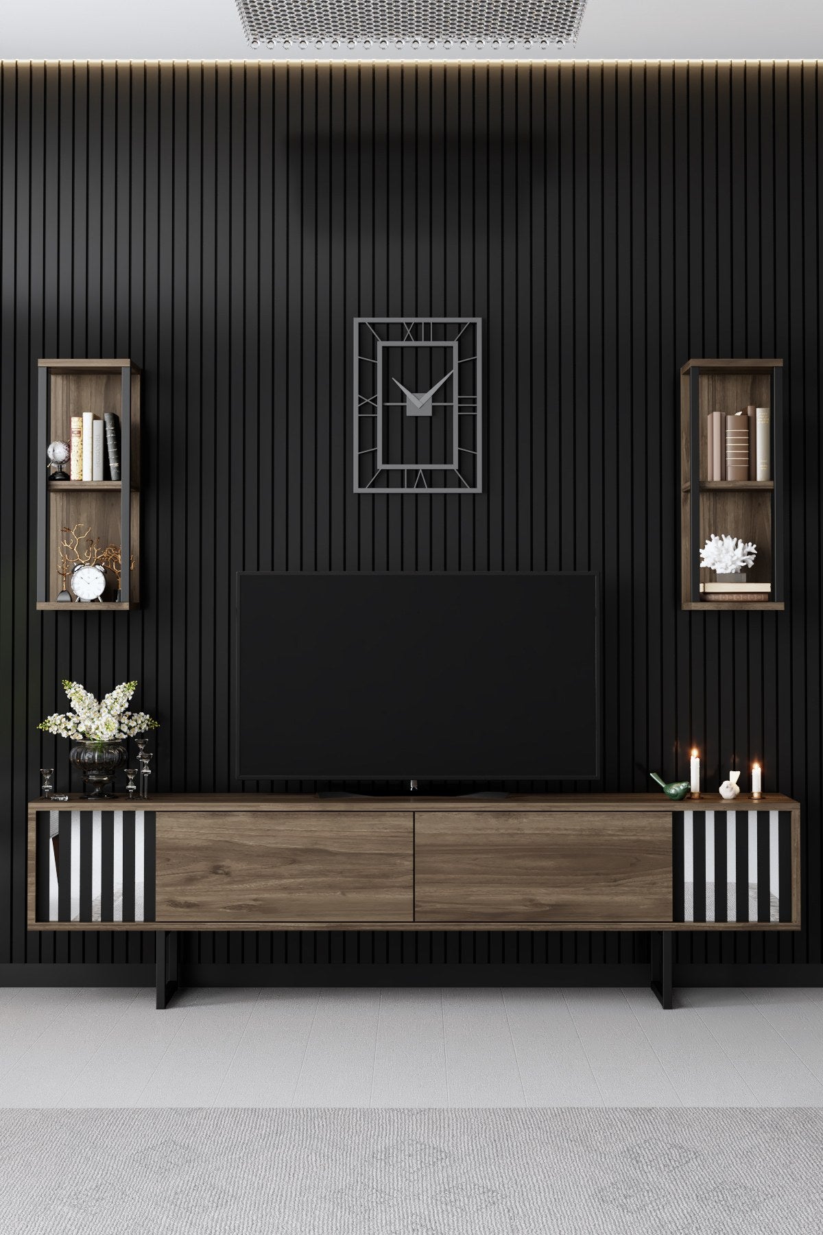 TV Møbelsæt Krom Line Valnød Sort Melamin 180x48x30 cm