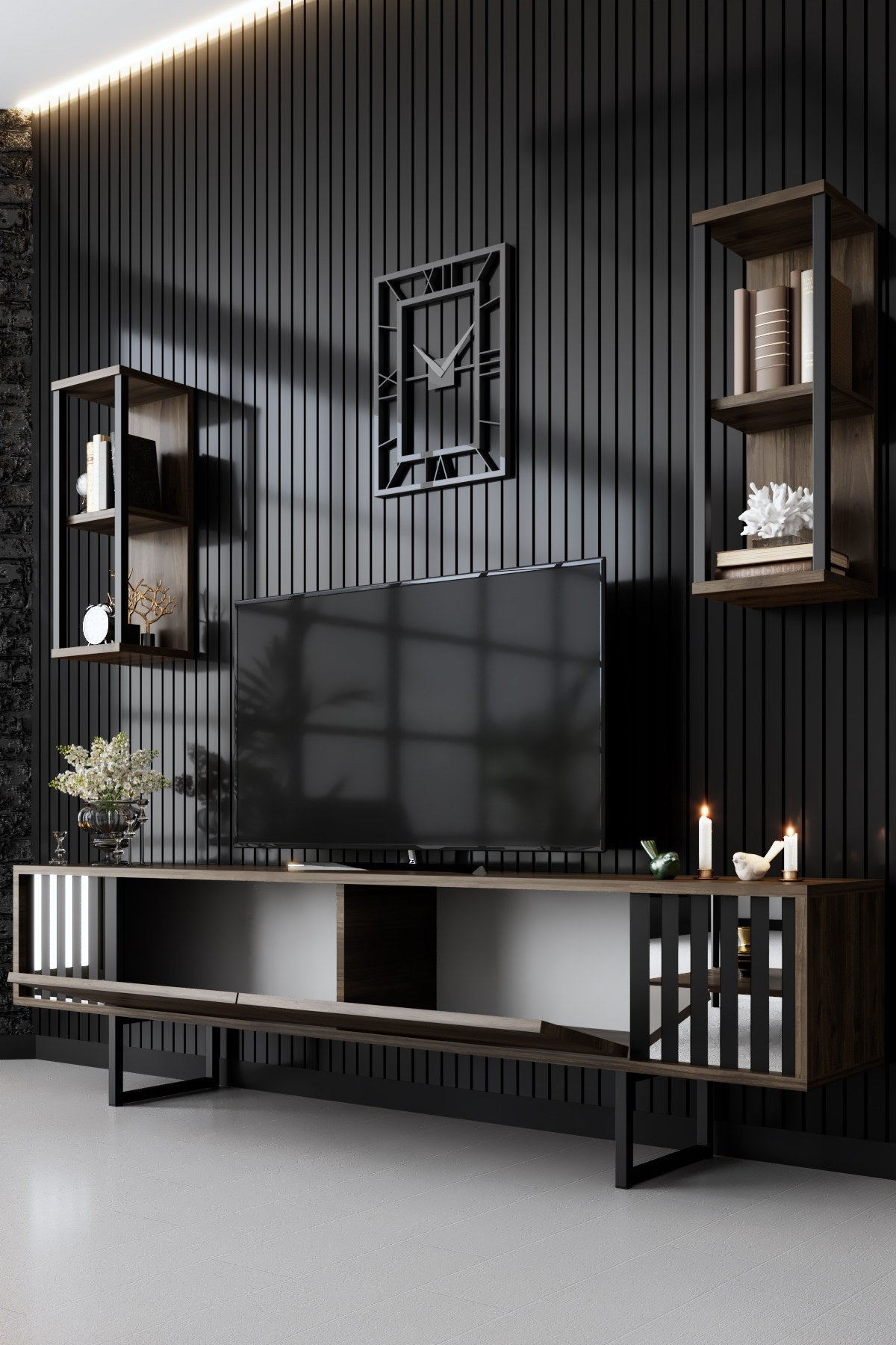 TV Møbelsæt Krom Line Valnød Sort Melamin 180x48x30 cm