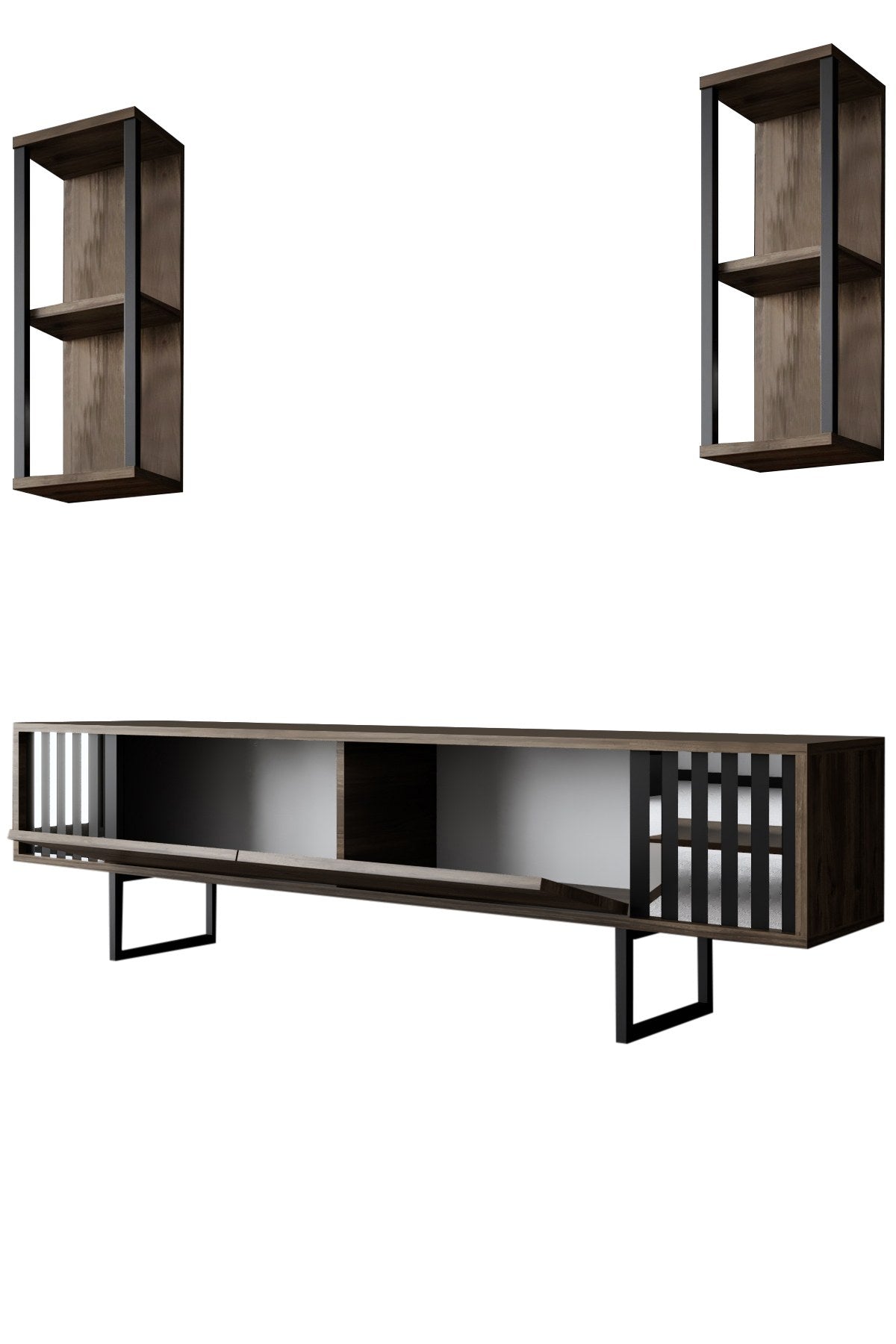 TV Møbelsæt Krom Line Valnød Sort Melamin 180x48x30 cm