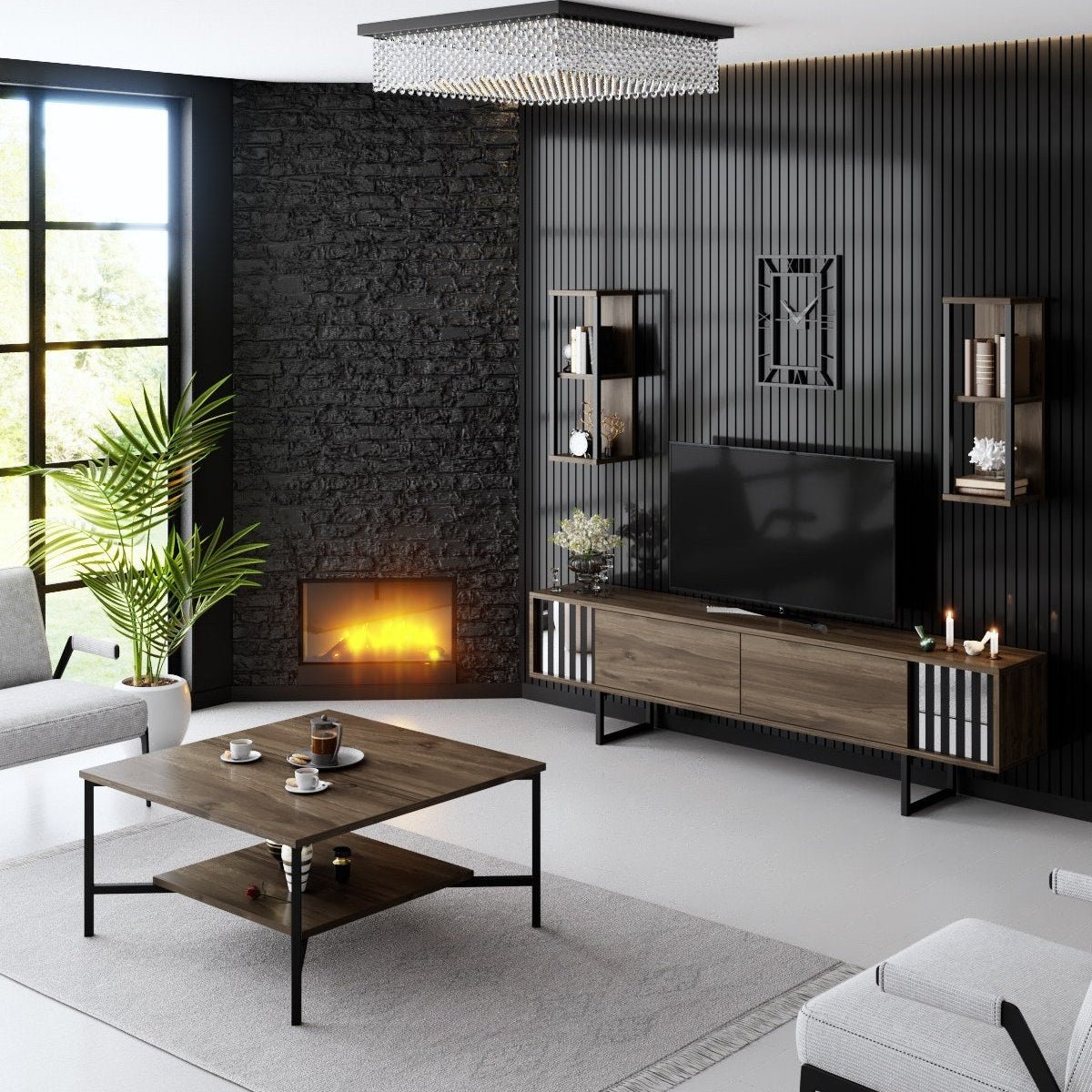 Meubelsets - Meubelset Walnoot - Zwart - Chrome Line - Salontafel + TV Meubel - Dimehouse