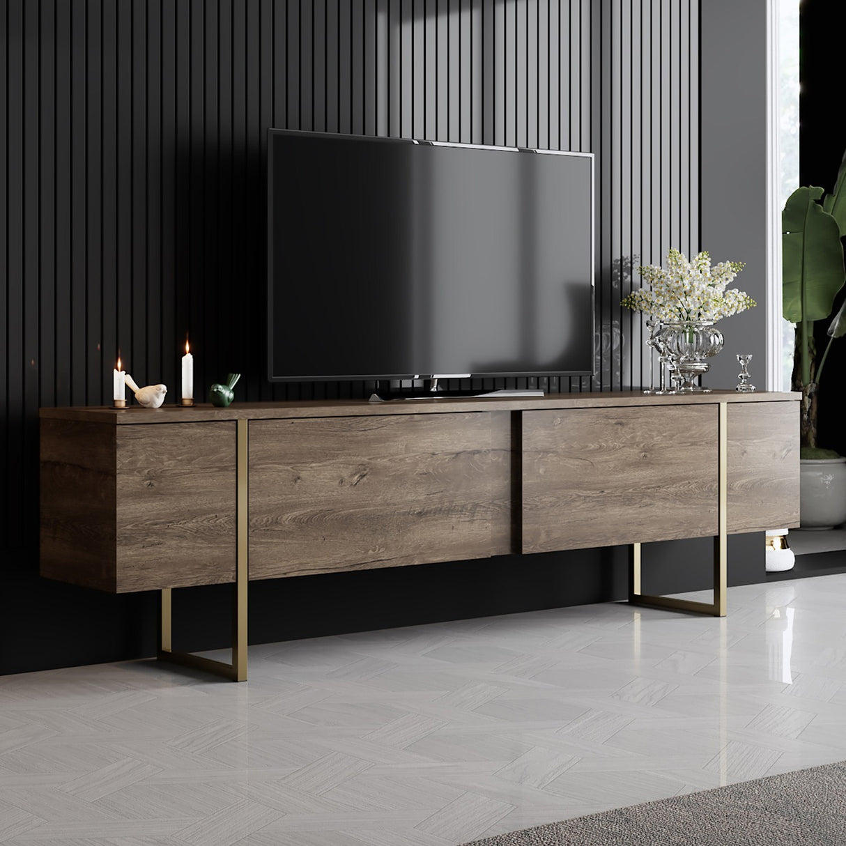 Meubelsets - Meubelset Walnoot Luxe - Salontafel + TV Meubel - Gouden Frame - Dimehouse
