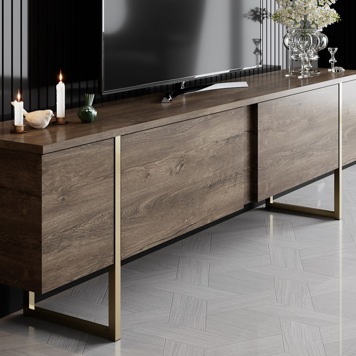 Meubelsets - Meubelset Walnoot Luxe - Salontafel + TV Meubel - Gouden Frame - Dimehouse
