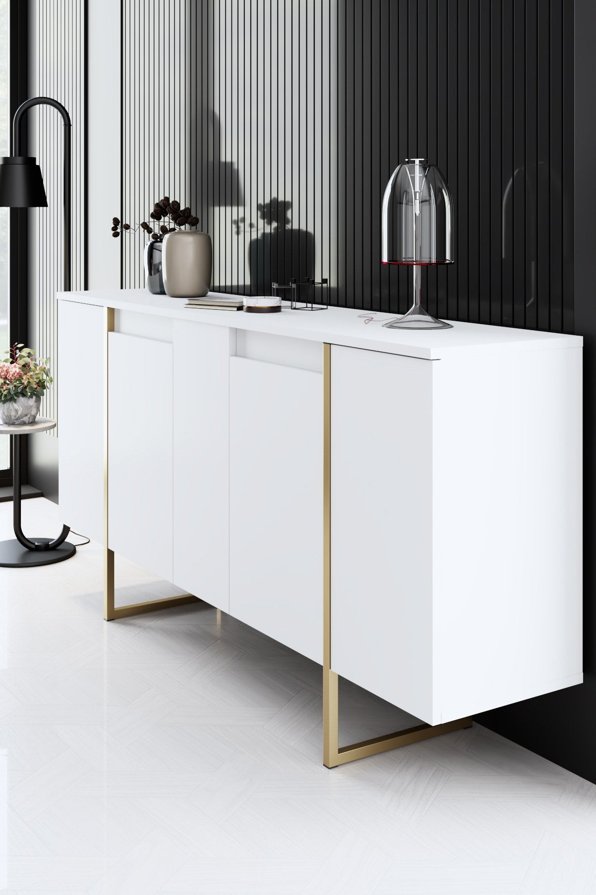 Dressoirs - Modern Dressoir Wit Luxe 160x80x35 - Gouden Frame - Dimehouse