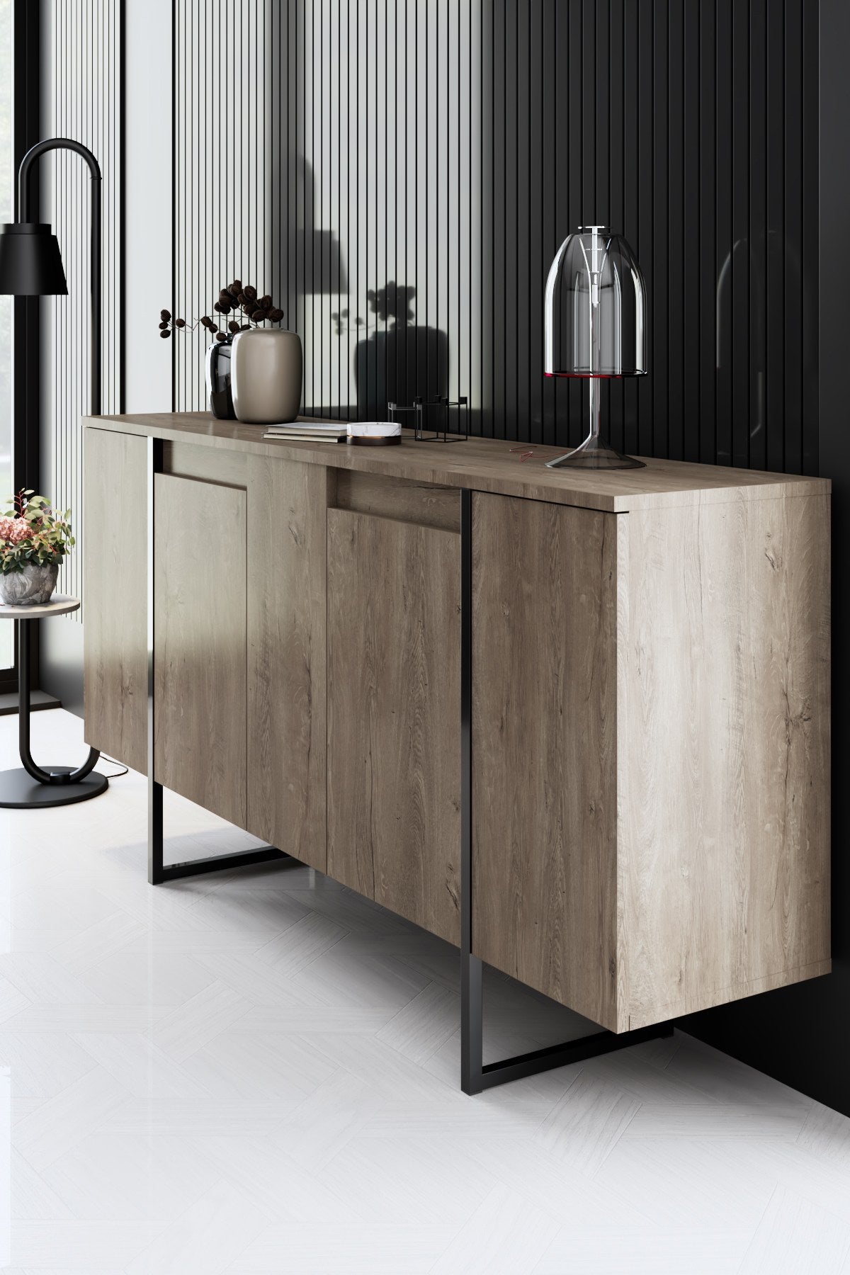 Meubelsets - Meubelset Walnoot Luxe - Salontafel + TV Meubel + Dressoir - Zwart Frame - Dimehouse