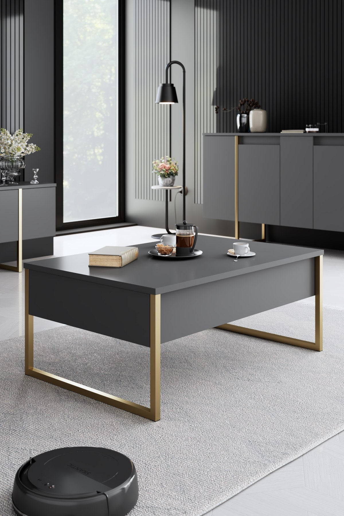 Meubelsets - Meubelset Antraciet Luxe - Salontafel + TV Meubel + Dressoir - Gouden Frame - Dimehouse
