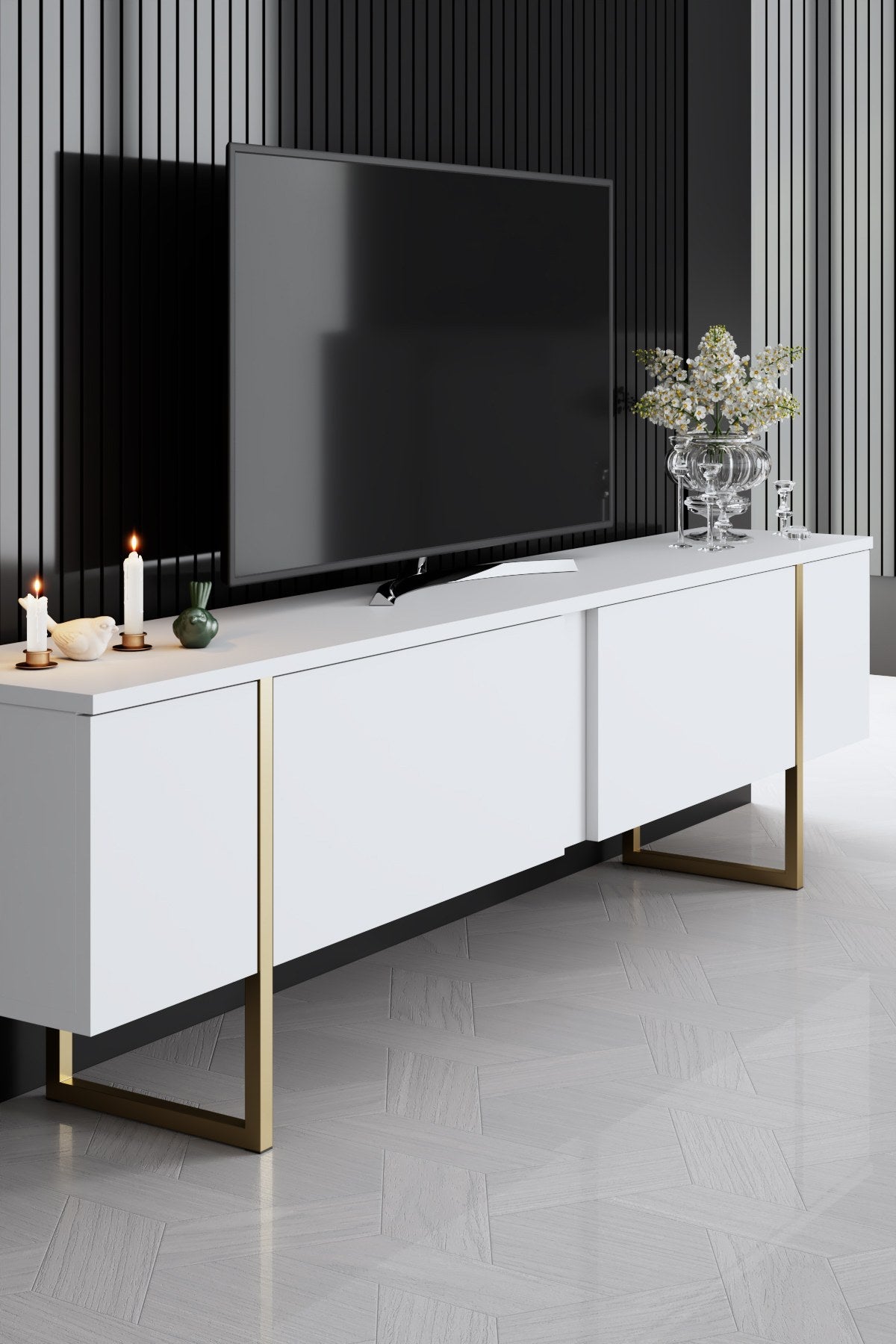 Meubelsets - Meubelset Wit Luxe - Salontafel + TV Meubel + Dressoir - Gouden Frame - Dimehouse