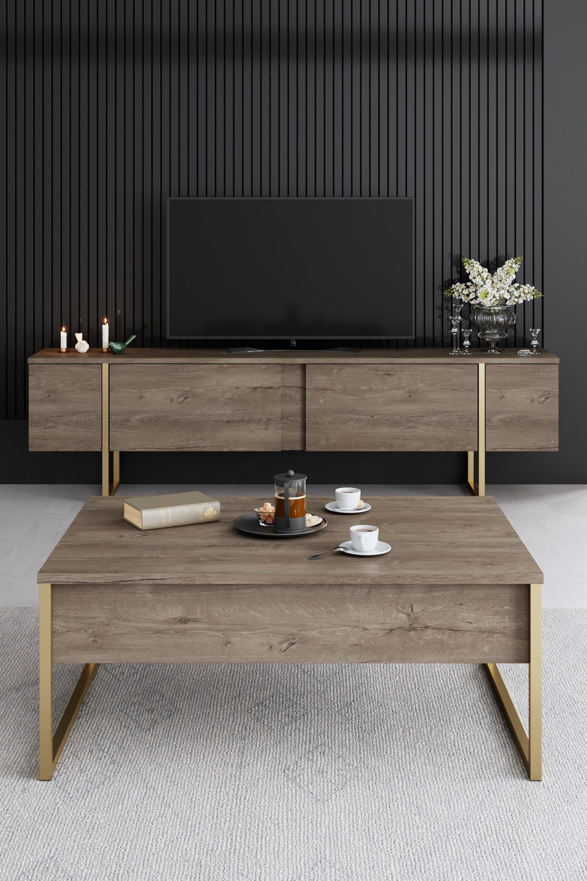 Meubelsets - Meubelset Walnoot Luxe - Salontafel + TV Meubel + Dressoir - Gouden Frame - Dimehouse