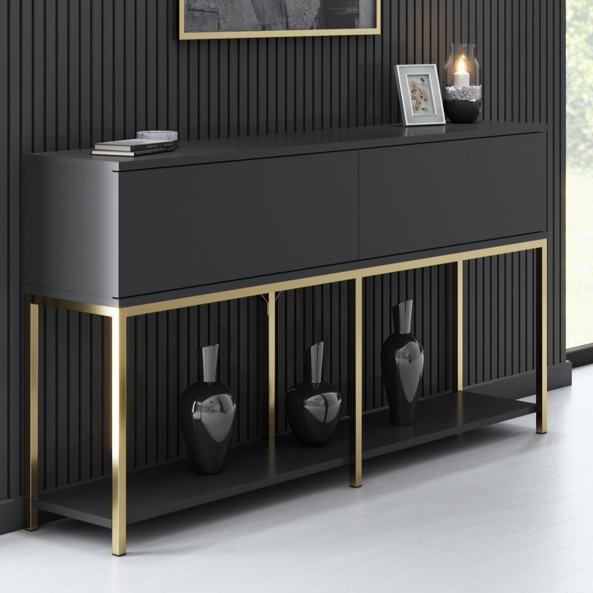 Moderne skænk antracit Lord 150x30x80 - Guldramme - To rum