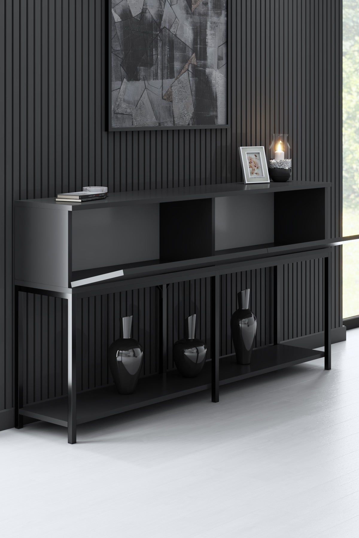 Dressoirs - Modern Dressoir Antraciet Lord 150x30x80 - Zwart Frame - Twee Vakken - Dimehouse