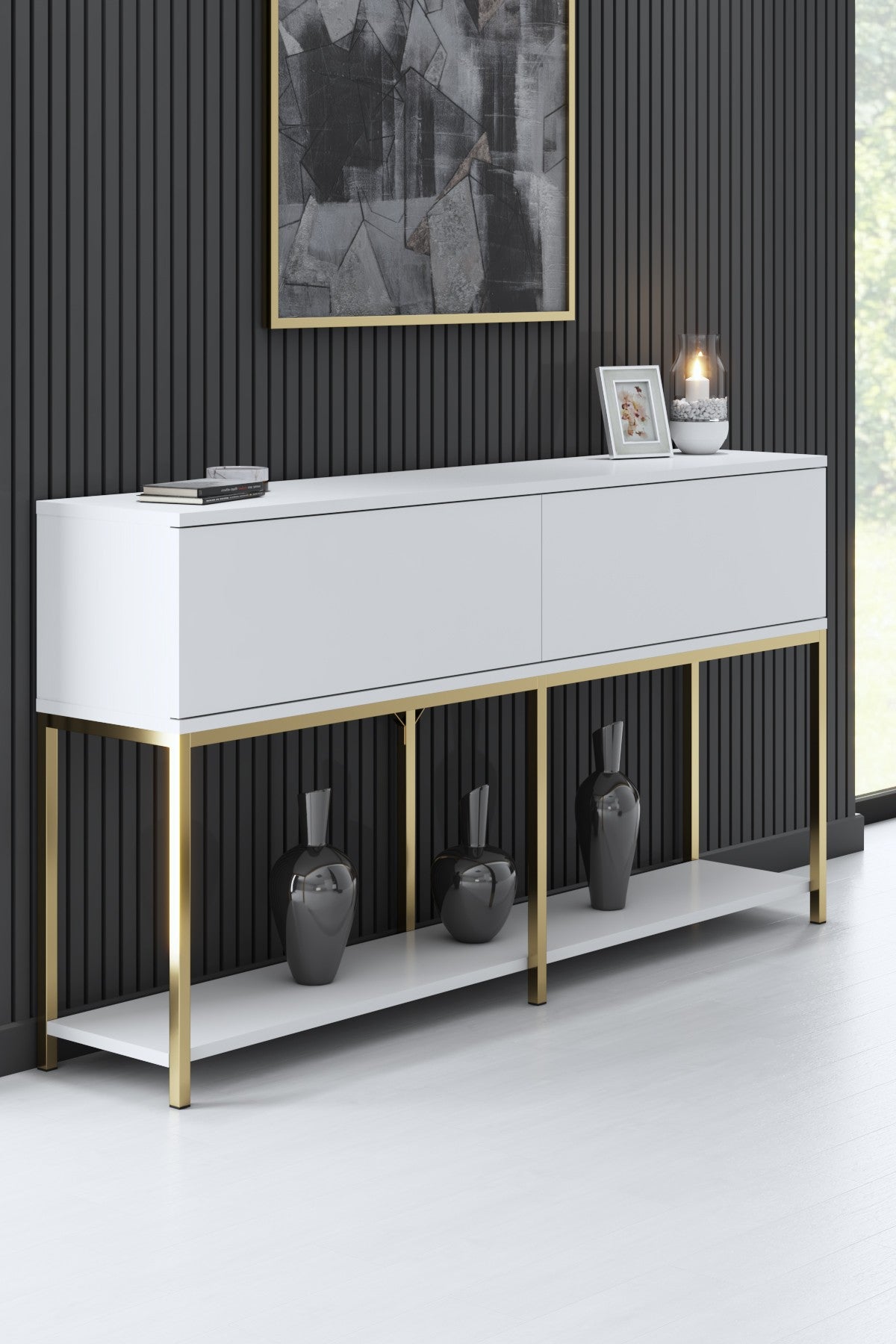 Meubelsets - Meubelset Wit Lord - Salontafel + TV Meubel + Dressoir - Gouden Frame - Dimehouse