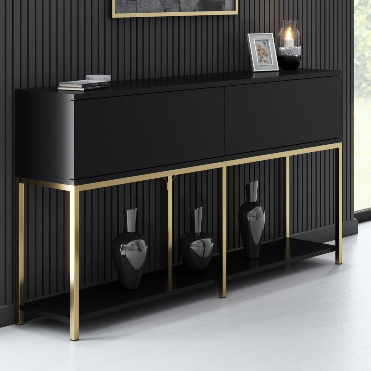 Moderne skænk Black Lord 150x30x80 - Guldramme - To rum