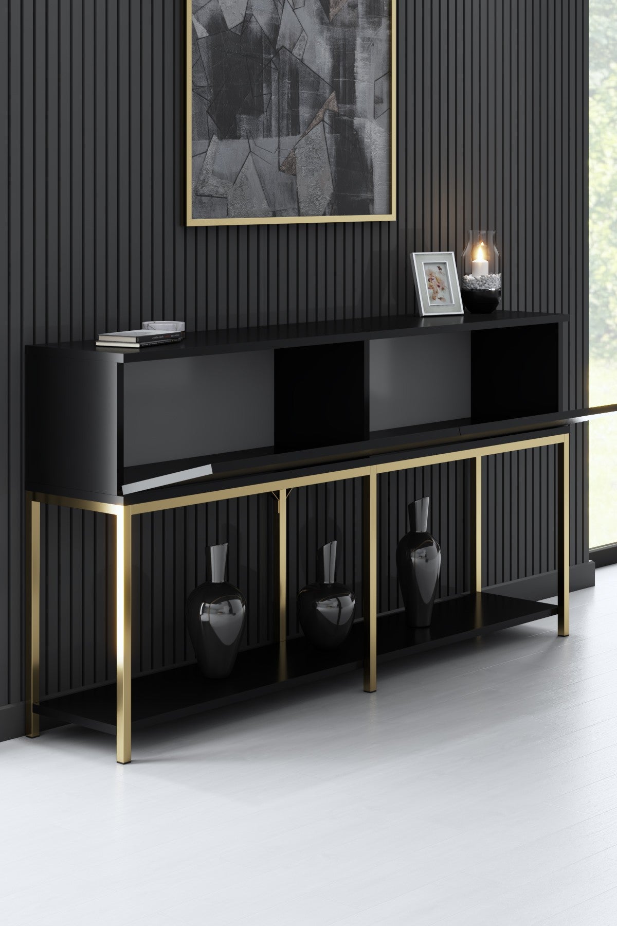 Moderne skænk Black Lord 150x30x80 - Guldramme - To rum