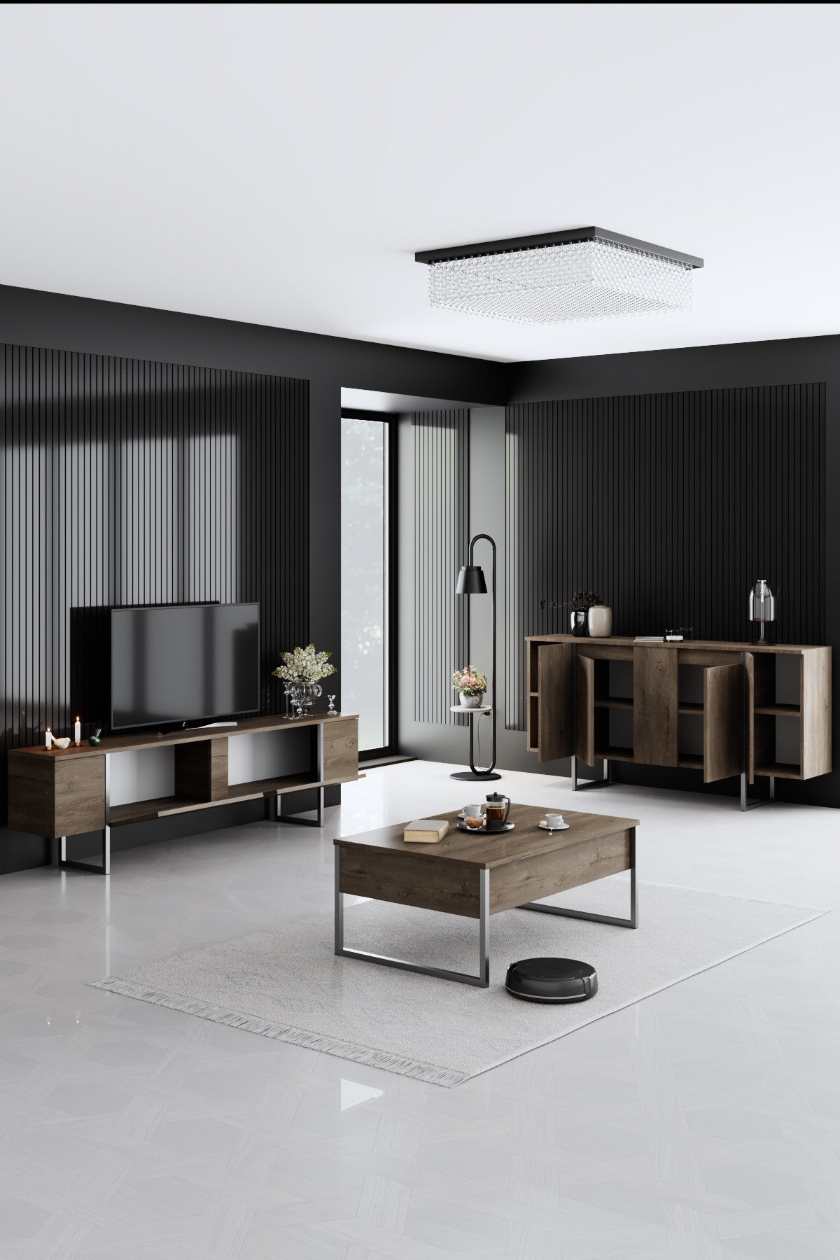 Meubelsets - Meubelset Walnoot Luxe - Salontafel + TV Meubel + Dressoir - Zilver Frame - Dimehouse