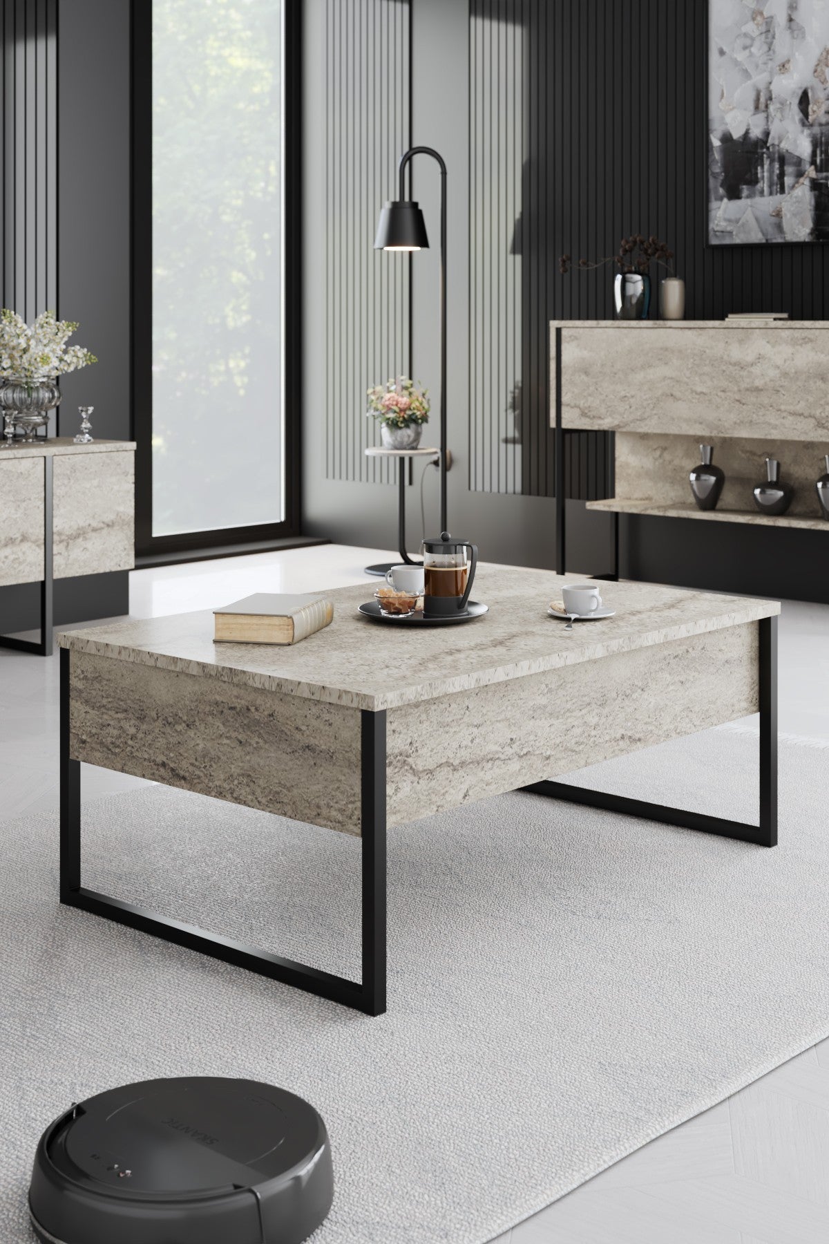 Meubelsets - Meubelset Travertin Luxe - Salontafel + TV Meubel + Dressoir Luxe - Zwart Frame - Dimehouse