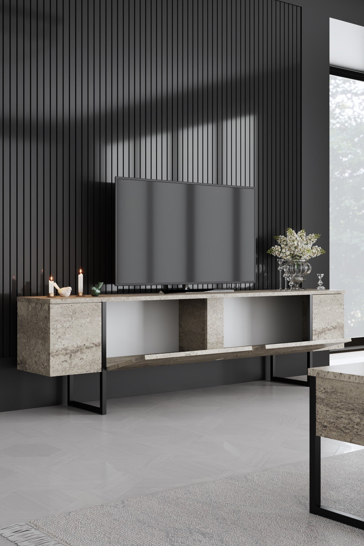 TV Møbler Travertin Luksus 180x50x30 - Sort Stel