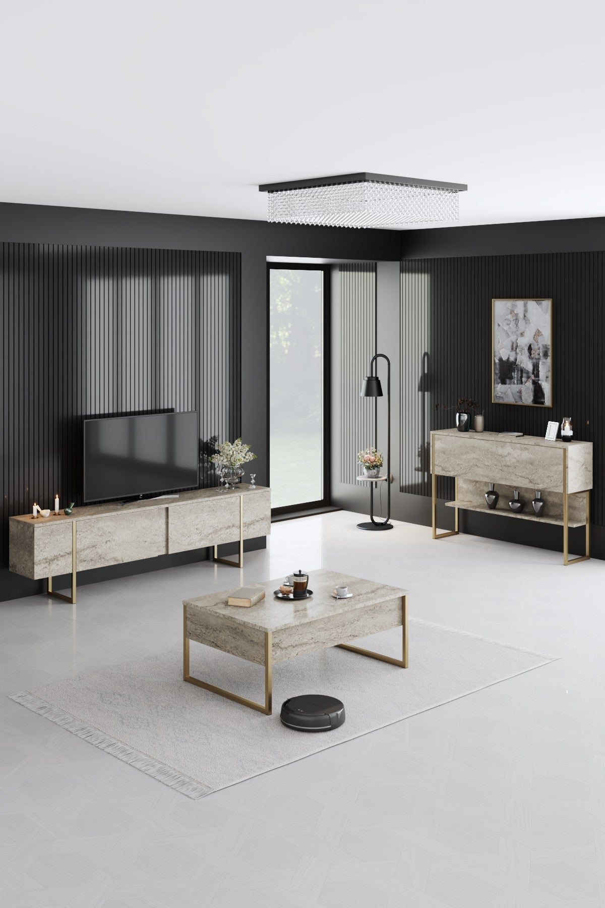 TV Møbler Travertin Luksus 180x50x30 - Gylden Ramme