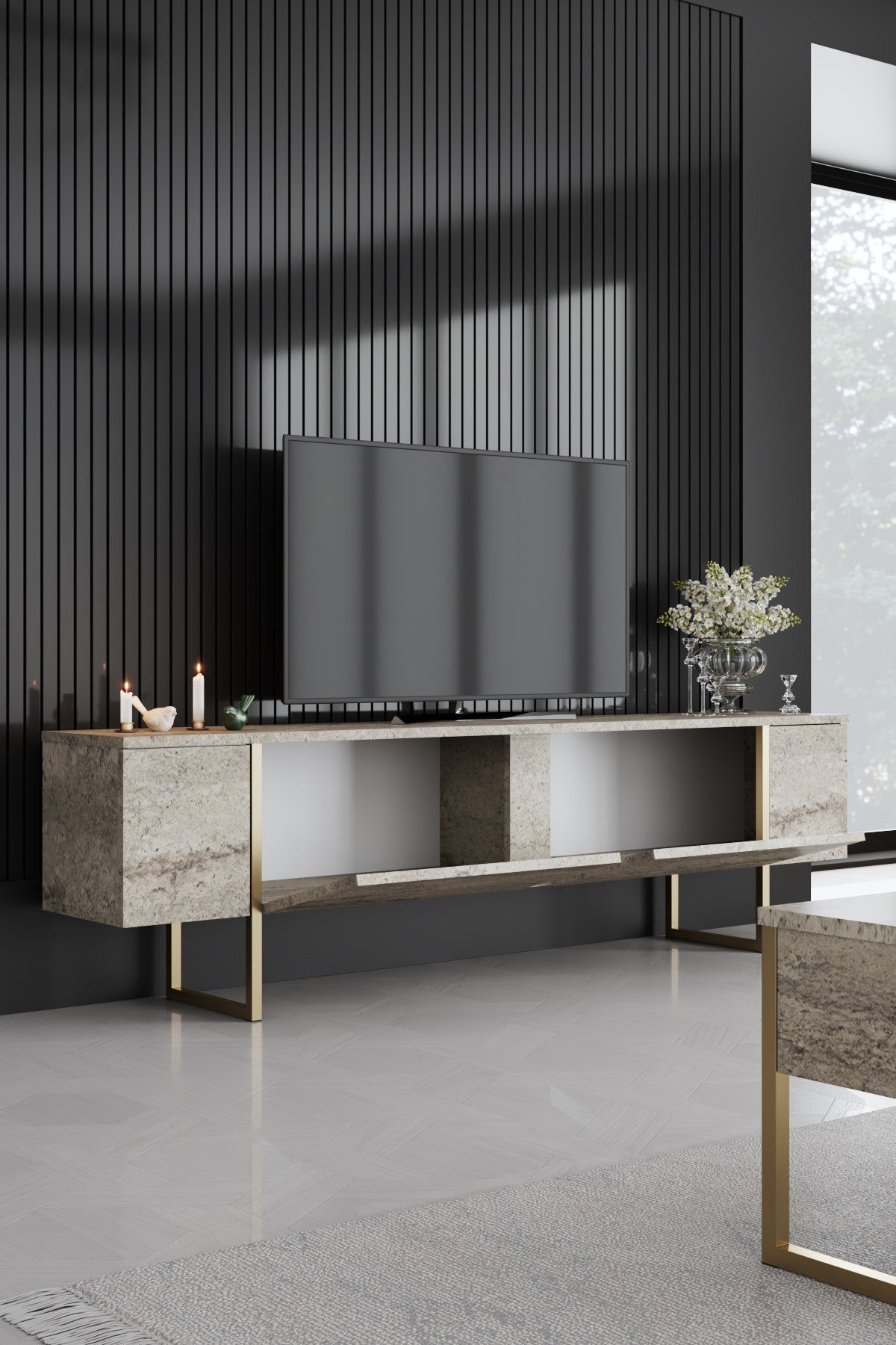 TV Møbler Travertin Luksus 180x50x30 - Gylden Ramme